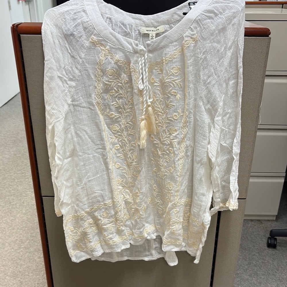 White Embroidered Peasant Tunic Top with Tassel Tie